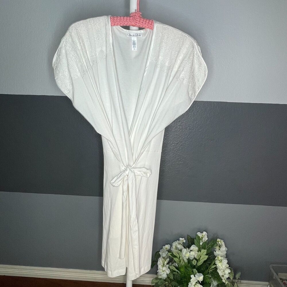 Oscar de la Renta Pink Label White Embroidered Pima Cotton Short Robe XL Bridal - Picture 3 of 10